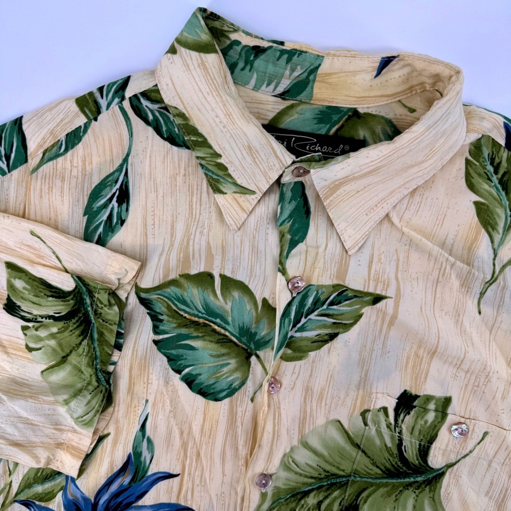 Tori Richard Mens Hawaiian Shirt Large Tan Bird of Paradise Viscose USA Island